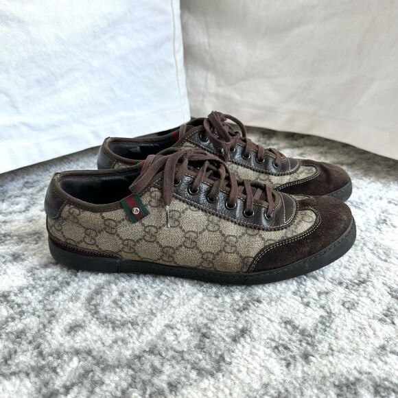 Gucci Other - GUCCI Brown Beige GG Supreme Canvas Leather Low Top Web Sneakers 6.5 Suede Shoes